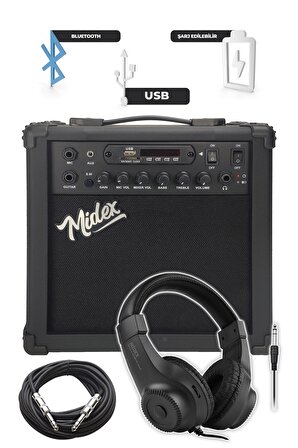 Midex MGA-25BK-HD Elektro Gitar Amfisi 25 Watt USB Bluetooth ve Şarjlı (Amfi Kulaklık ve Jack Kablo)